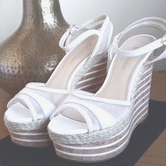 Enzo Angiolini Shoes - White Open Toe Cork Heel Wedges